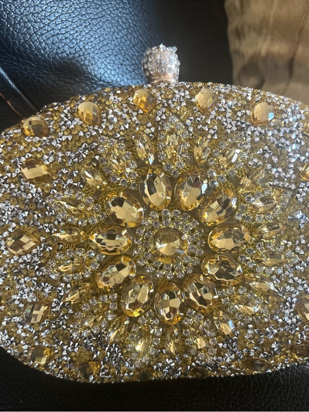 Gold Crystal Floral Round Evening Clutch - Women’s Wristlet